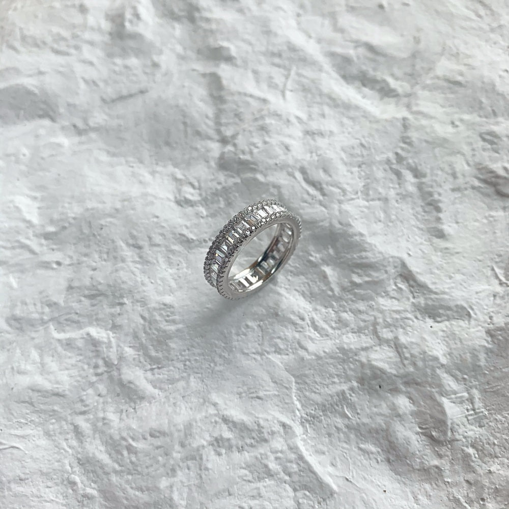 Silver Zircon Baguette Cut Thin Stacked Eternity Ring