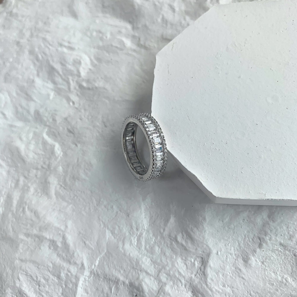 Silver Zircon Baguette Cut Thin Stacked Eternity Ring