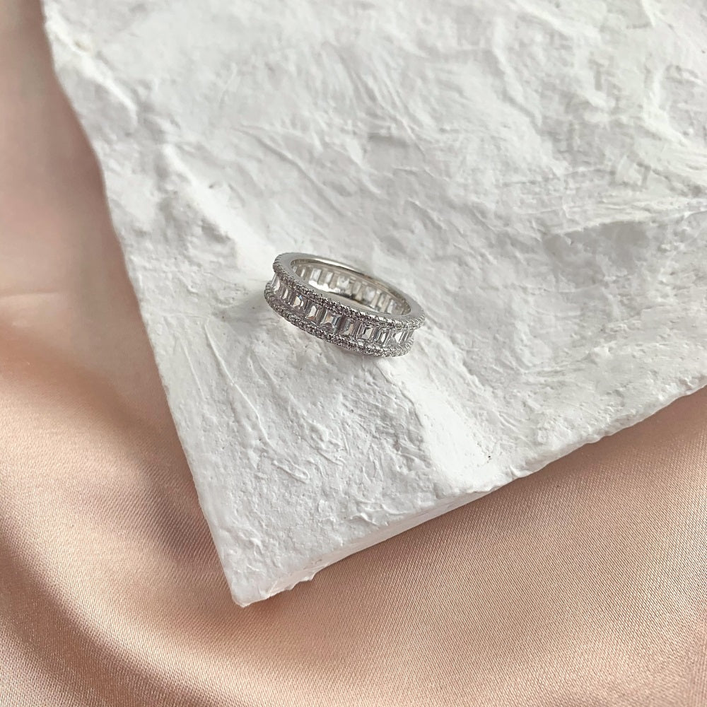 Silver Zircon Baguette Cut Thin Stacked Eternity Ring