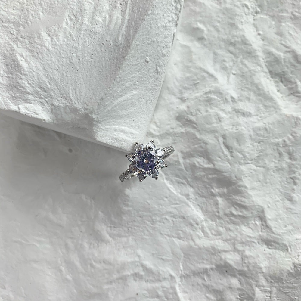 Silver Zircon Round Cut Wrapped Layered Flower Halo Ring