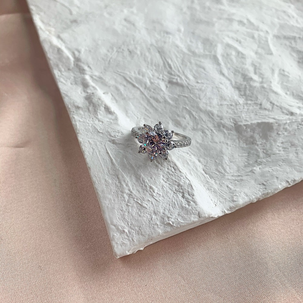 Silver Zircon Round Cut Wrapped Layered Flower Halo Ring