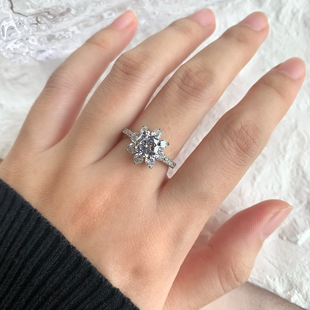 Silver Zircon Round Cut Wrapped Layered Flower Halo Ring