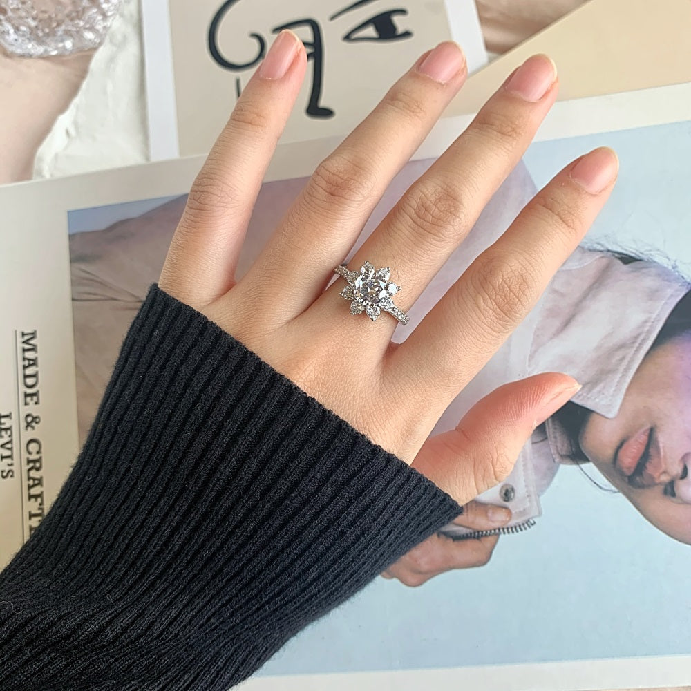 Silver Zircon Round Cut Wrapped Layered Flower Halo Ring