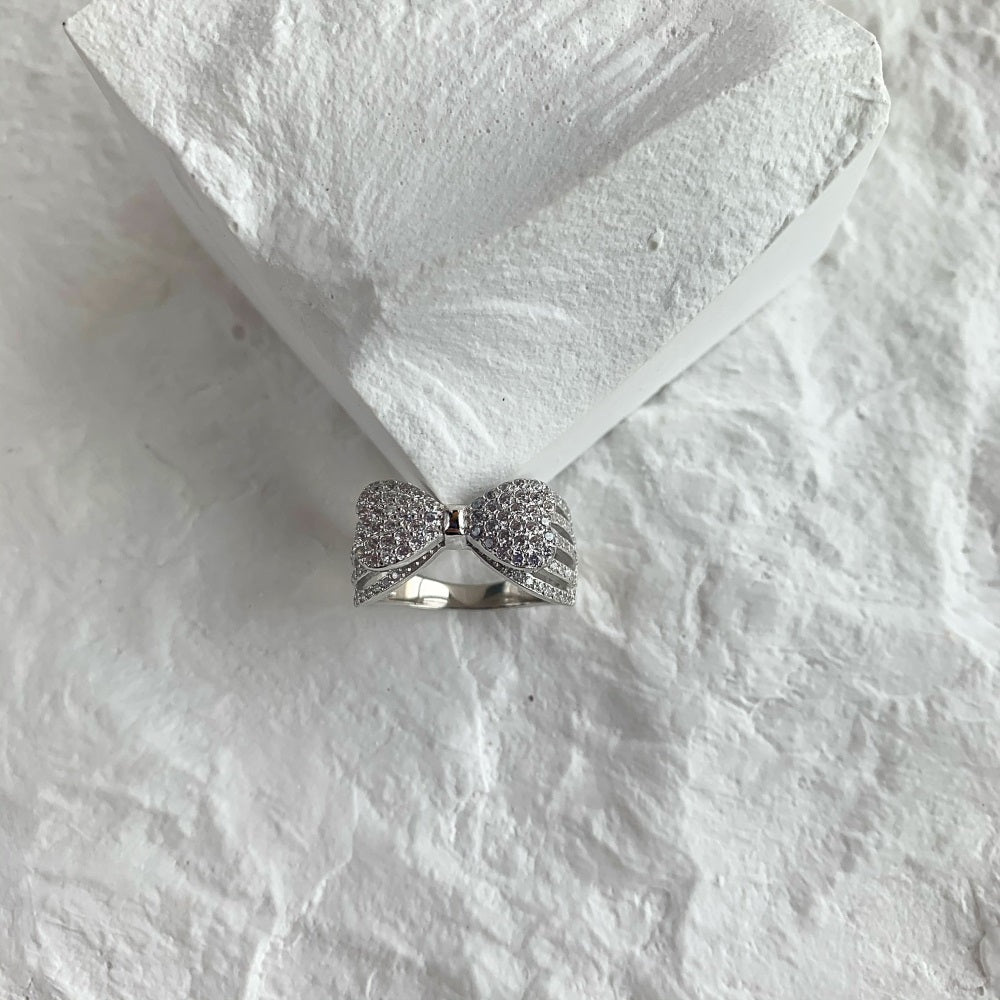 Silver Zircon Round Cut Open Inlaid Bow Dainty Ring