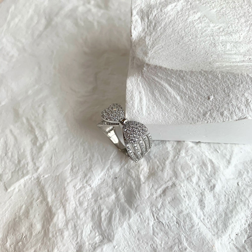 Silver Zircon Round Cut Open Inlaid Bow Dainty Ring