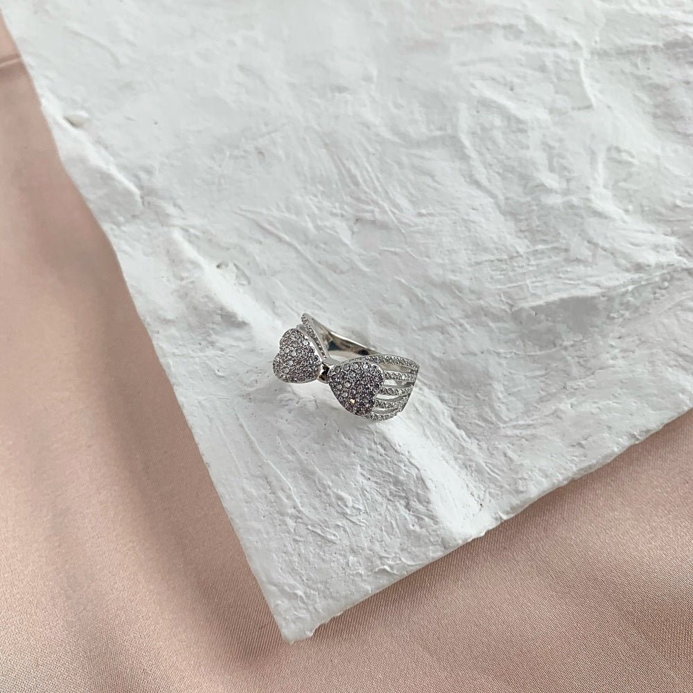 Silver Zircon Round Cut Open Inlaid Bow Dainty Ring