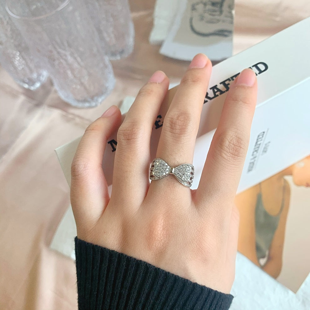 Silver Zircon Round Cut Open Inlaid Bow Dainty Ring
