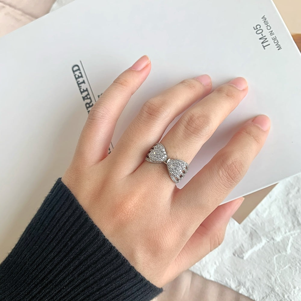 Silver Zircon Round Cut Open Inlaid Bow Dainty Ring