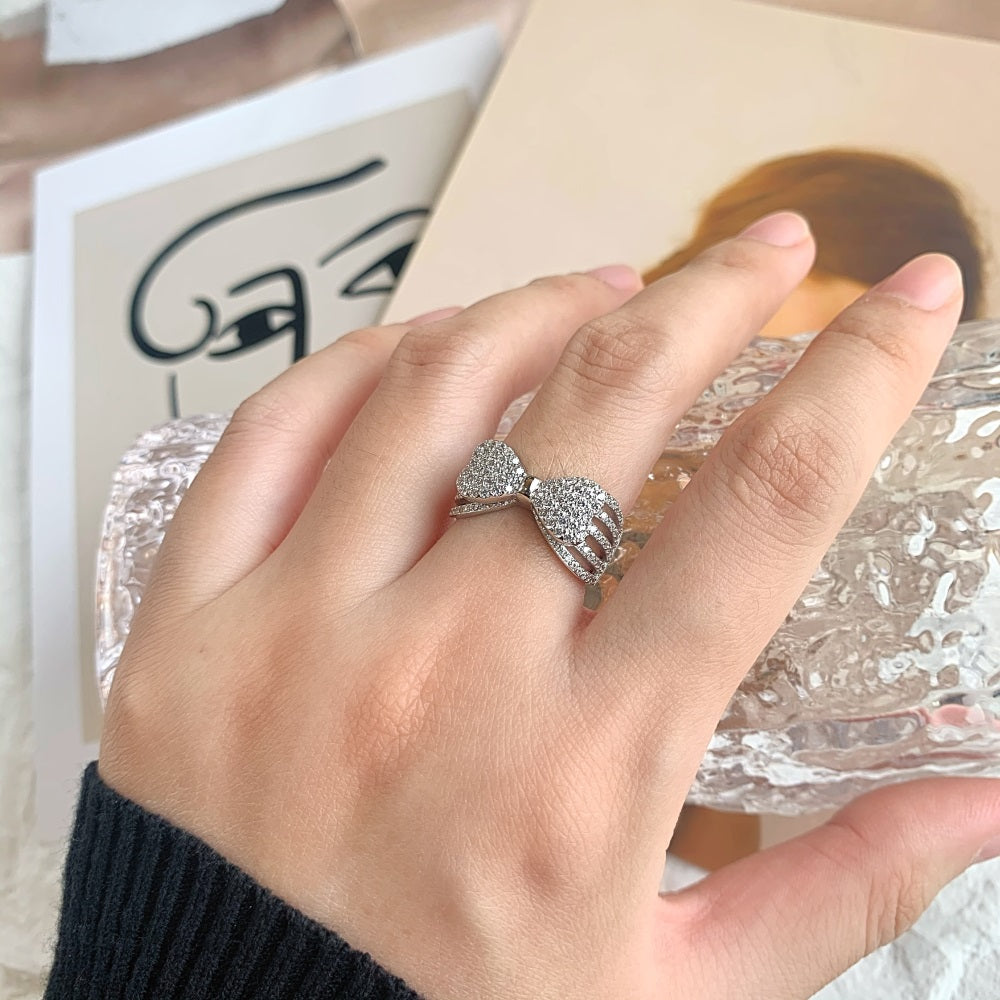 Silver Zircon Round Cut Open Inlaid Bow Dainty Ring