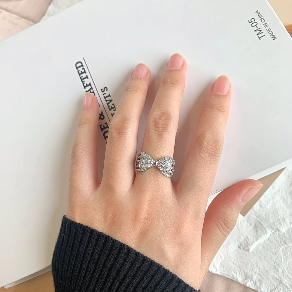 Silver Zircon Round Cut Open Inlaid Bow Dainty Ring