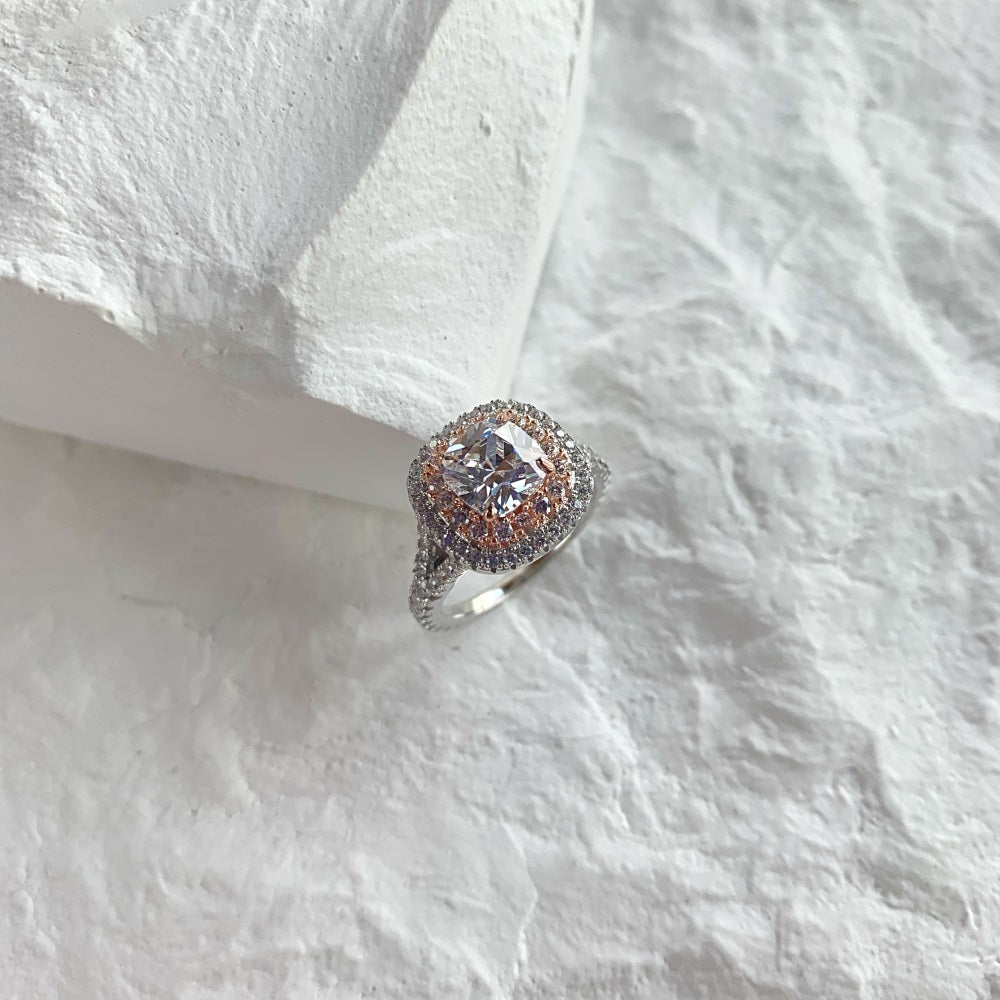 Silver Zircon Cushion Square Cut Twisted Iced Wrapped Halo Ring