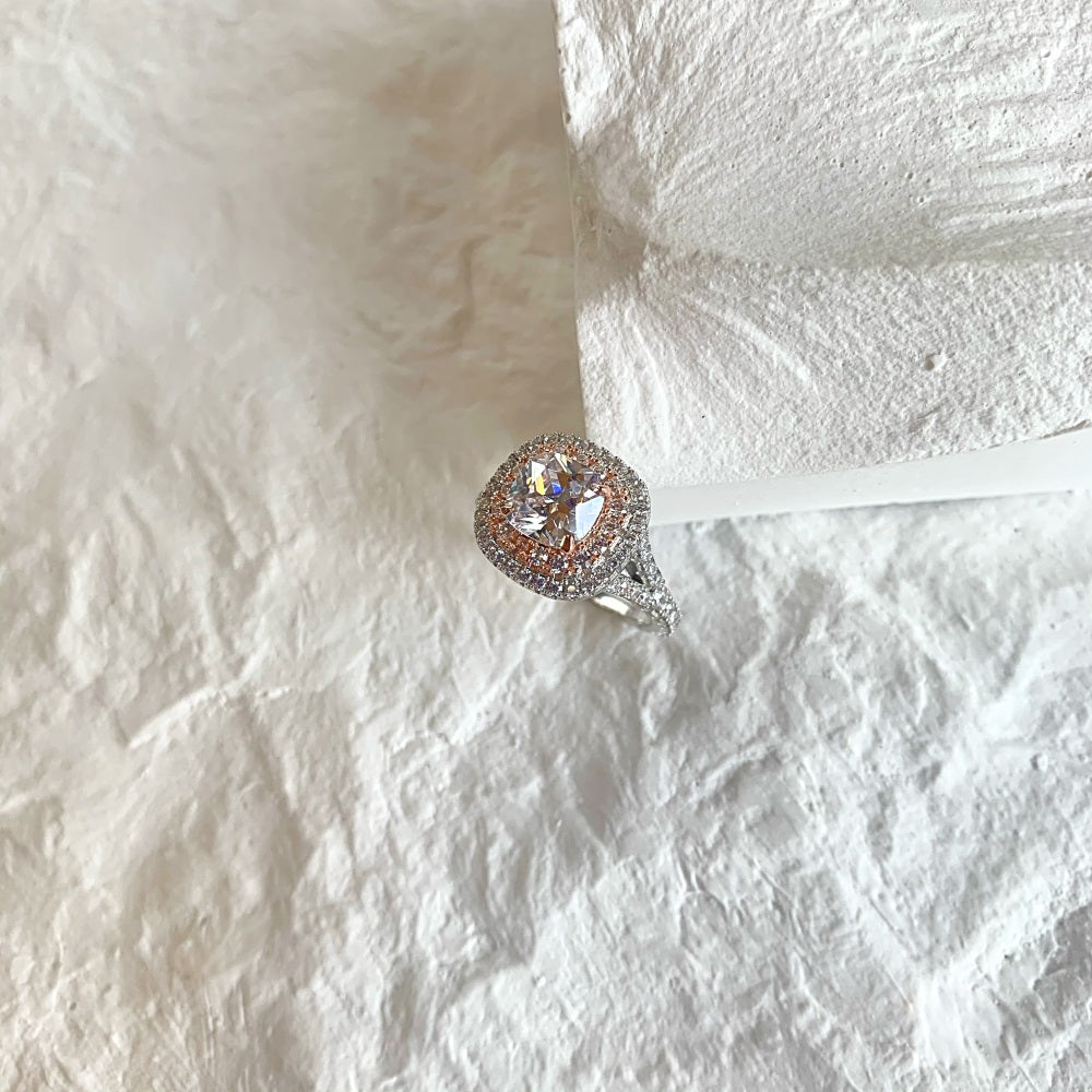 Silver Zircon Cushion Square Cut Twisted Iced Wrapped Halo Ring