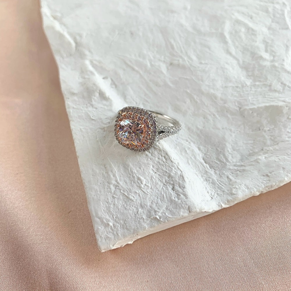 Silver Zircon Cushion Square Cut Twisted Iced Wrapped Halo Ring