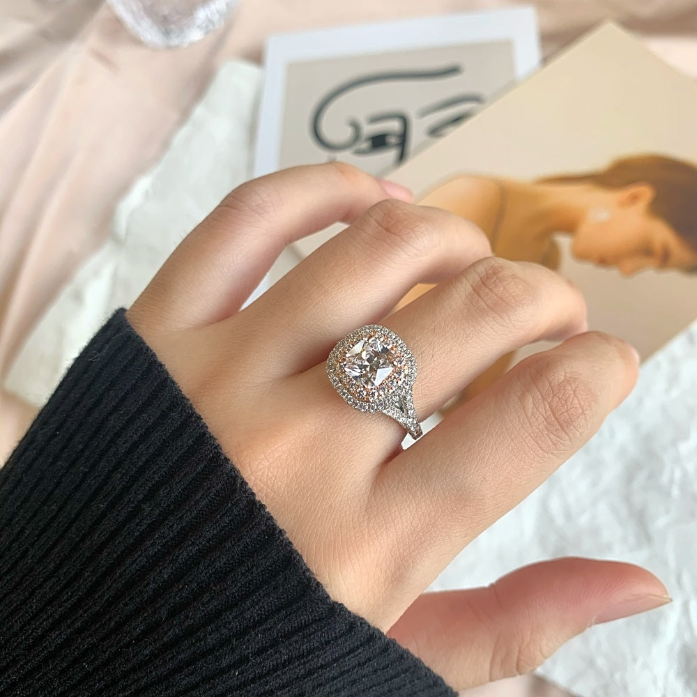 Silver Zircon Cushion Square Cut Twisted Iced Wrapped Halo Ring