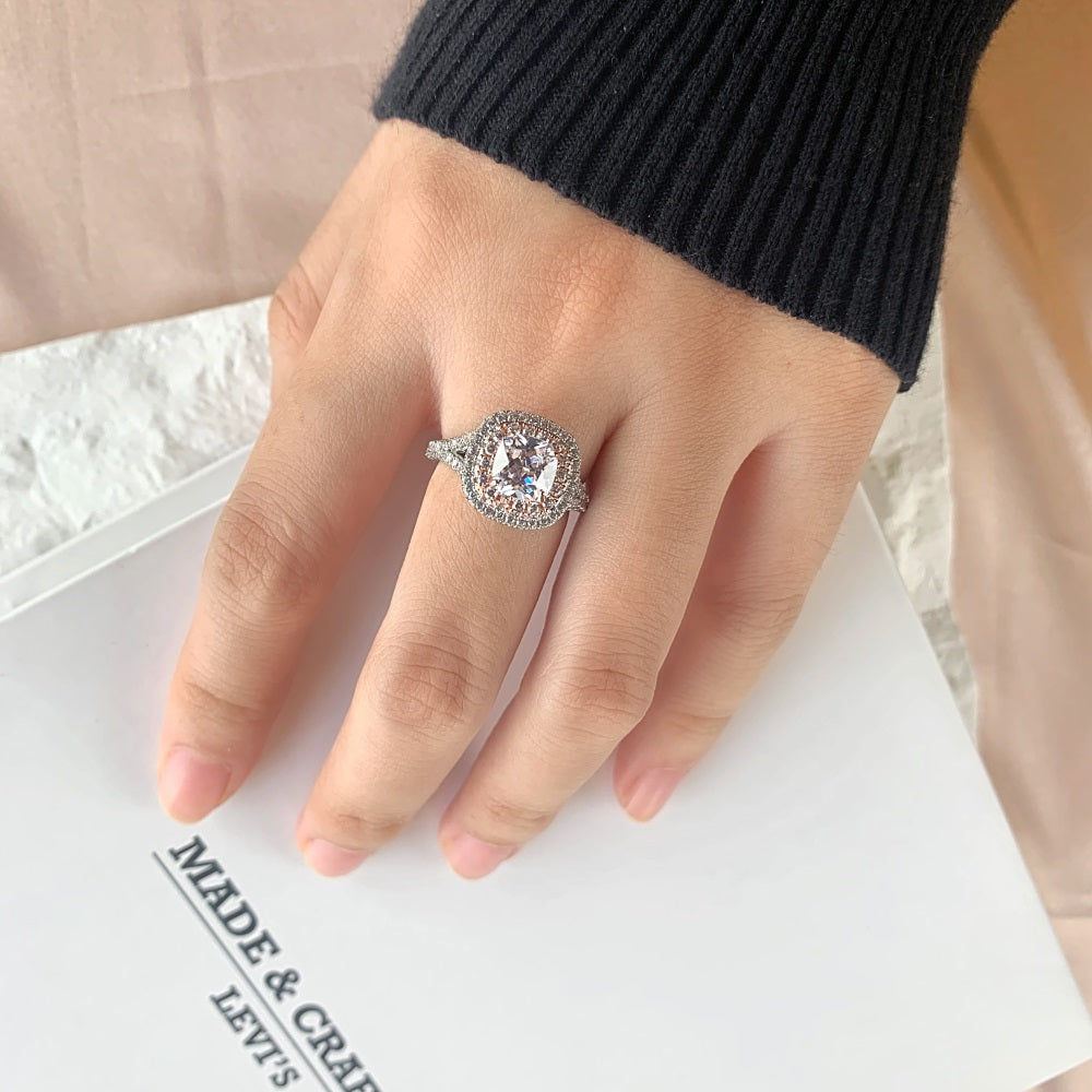 Silver Zircon Cushion Square Cut Twisted Iced Wrapped Halo Ring