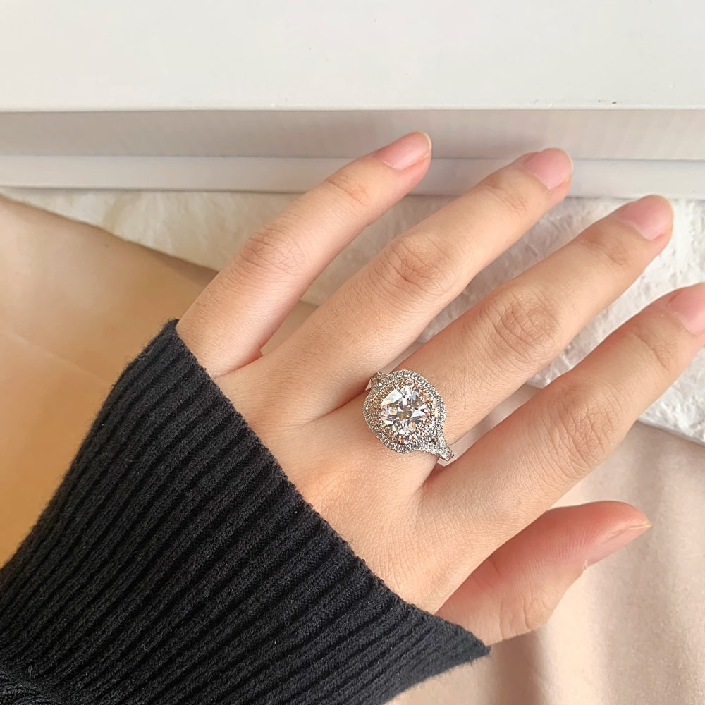 Silver Zircon Cushion Square Cut Twisted Iced Wrapped Halo Ring