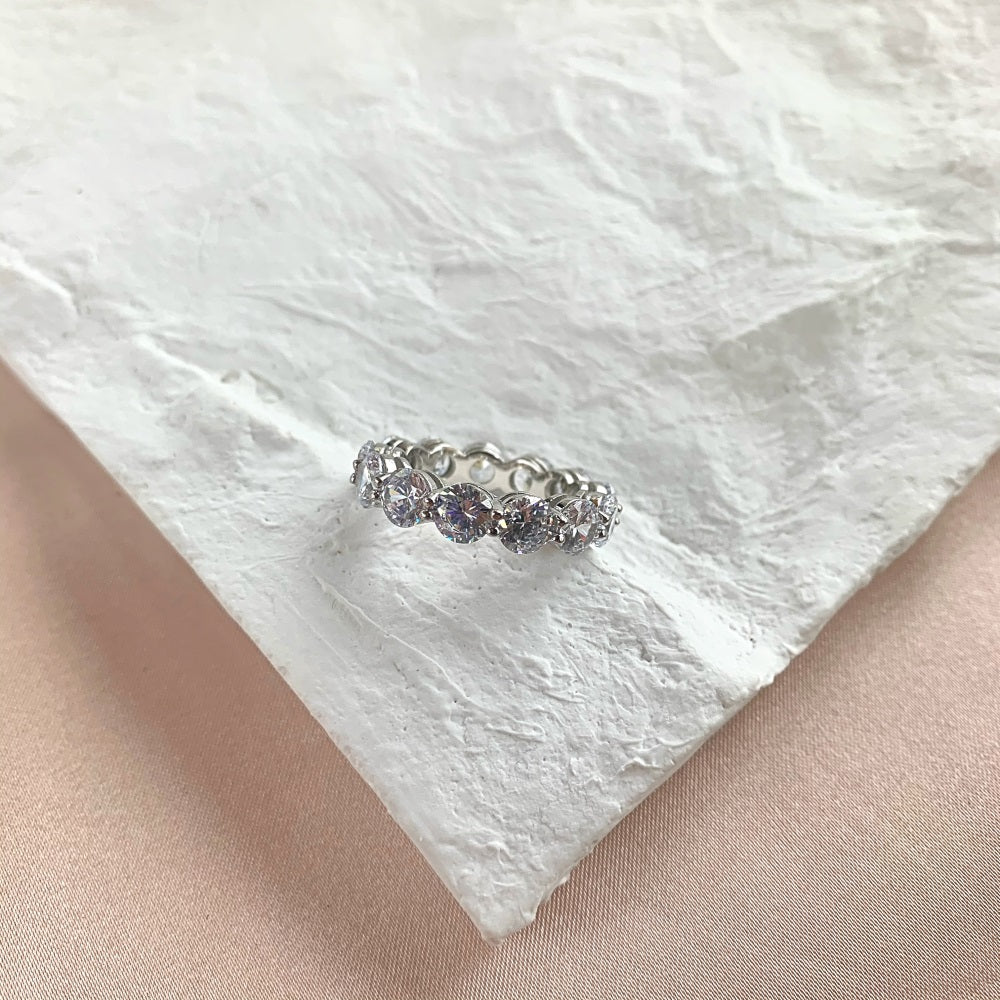 Silver Zircon Round Cut Thin Wrapped Dots Eternity Ring