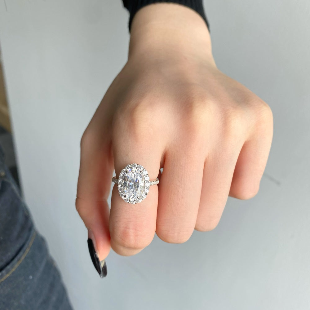 Silver Zircon Oval Cut Iced Wrapped Halo Ring
