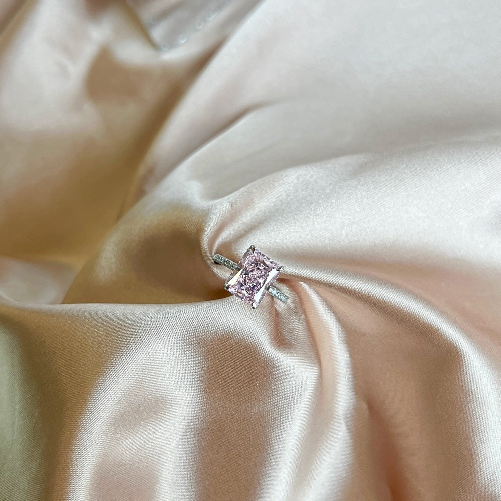 Silver Zircon Radiant Cut Iced Inlaid Solitaire Ring