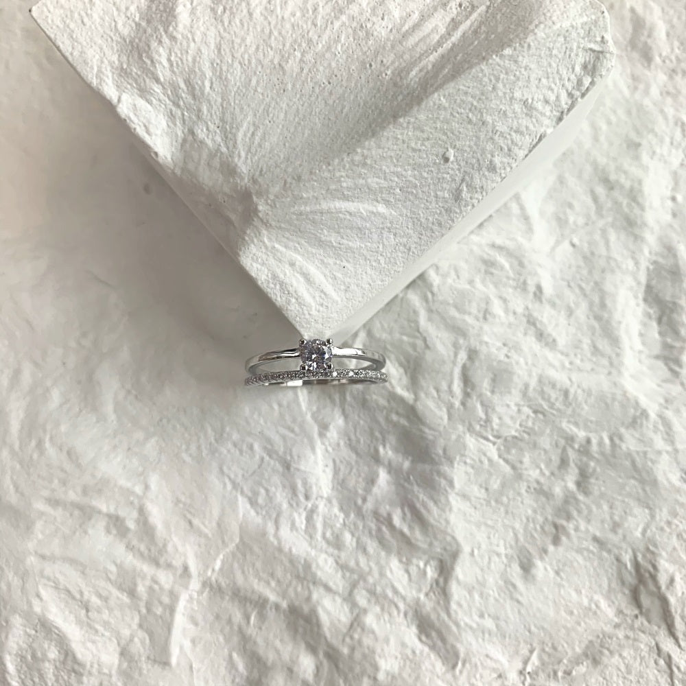 Silver Zircon Round Cut Double Layered Dainty Ring