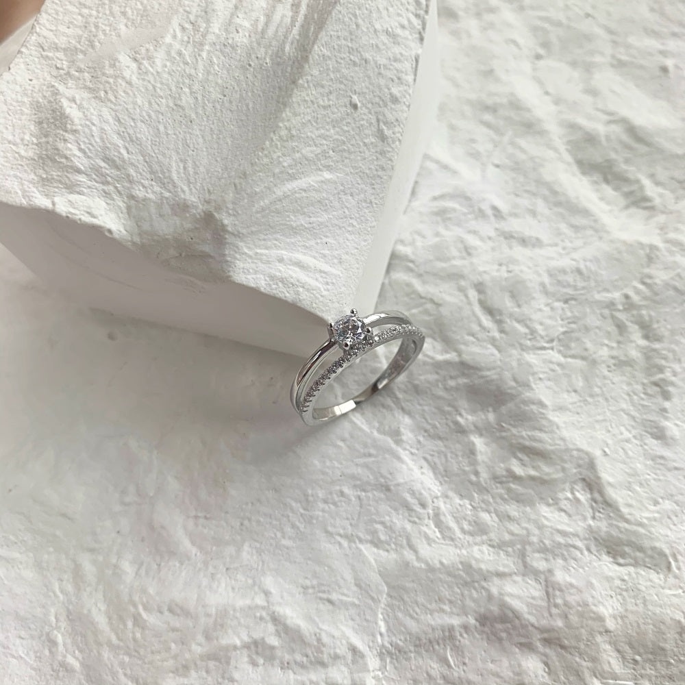 Silver Zircon Round Cut Double Layered Dainty Ring