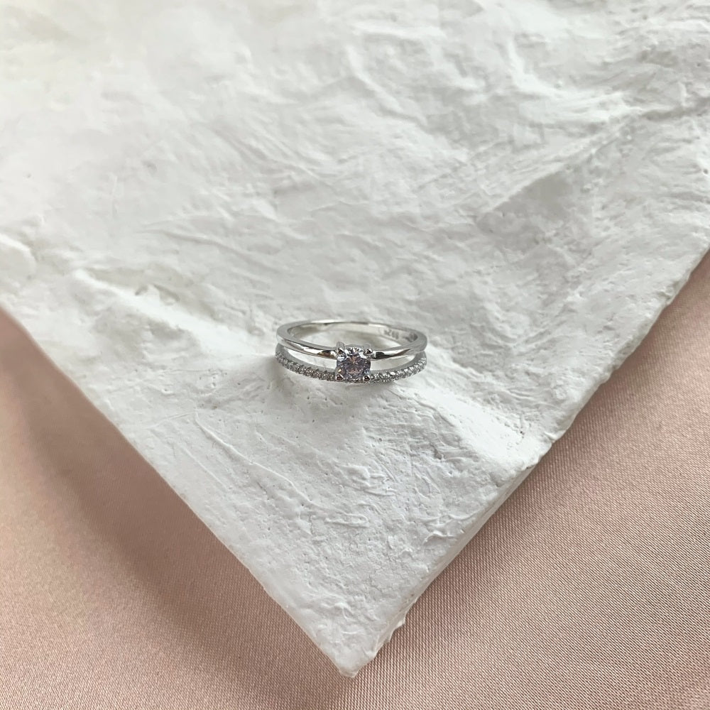 Silver Zircon Round Cut Double Layered Dainty Ring