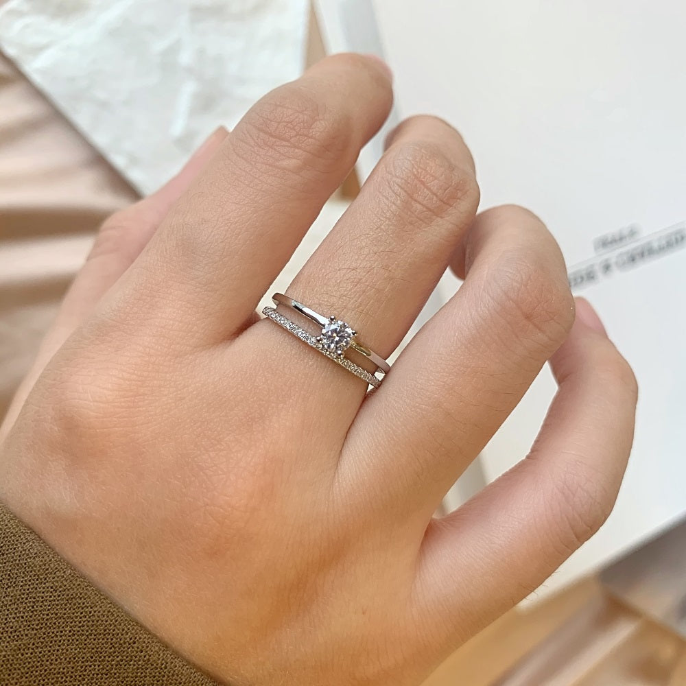 Silver Zircon Round Cut Double Layered Dainty Ring