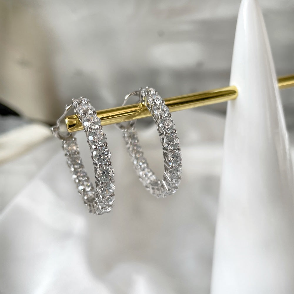 Silver Zircon Round Cut Circle Inlaid Ear Hoops