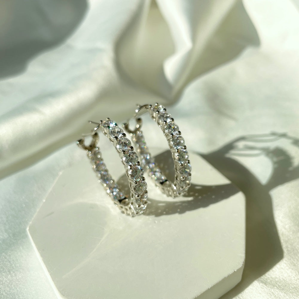 Silver Zircon Round Cut Circle Inlaid Ear Hoops
