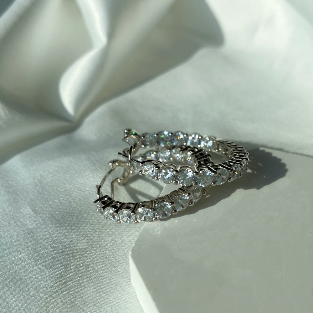 Silver Zircon Round Cut Circle Inlaid Ear Hoops