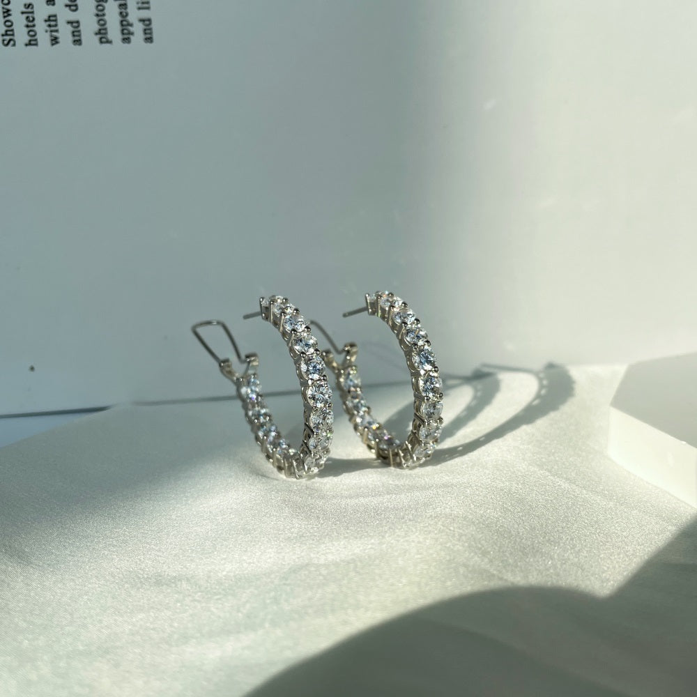 Silver Zircon Round Cut Circle Inlaid Ear Hoops