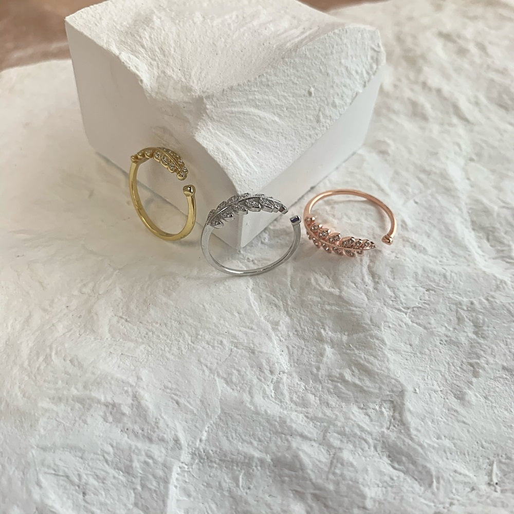 Silver Zircon Round Cut Open Feather Bypass Ring