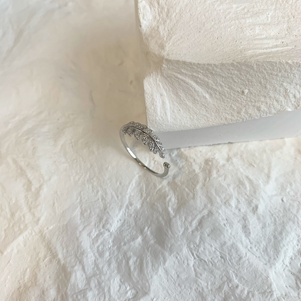 Silver Zircon Round Cut Open Feather Bypass Ring