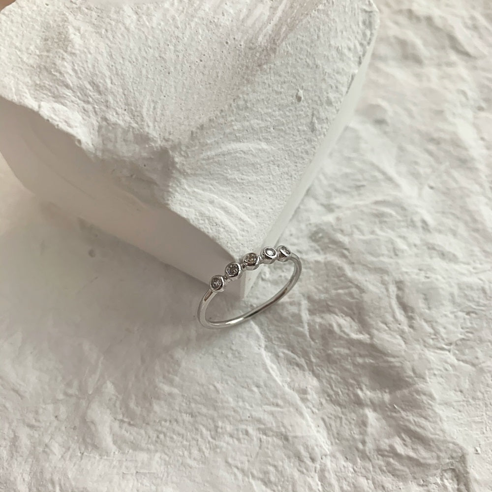 Silver Zircon Round Cut Brushed Inlaid Dots Dainty Ring