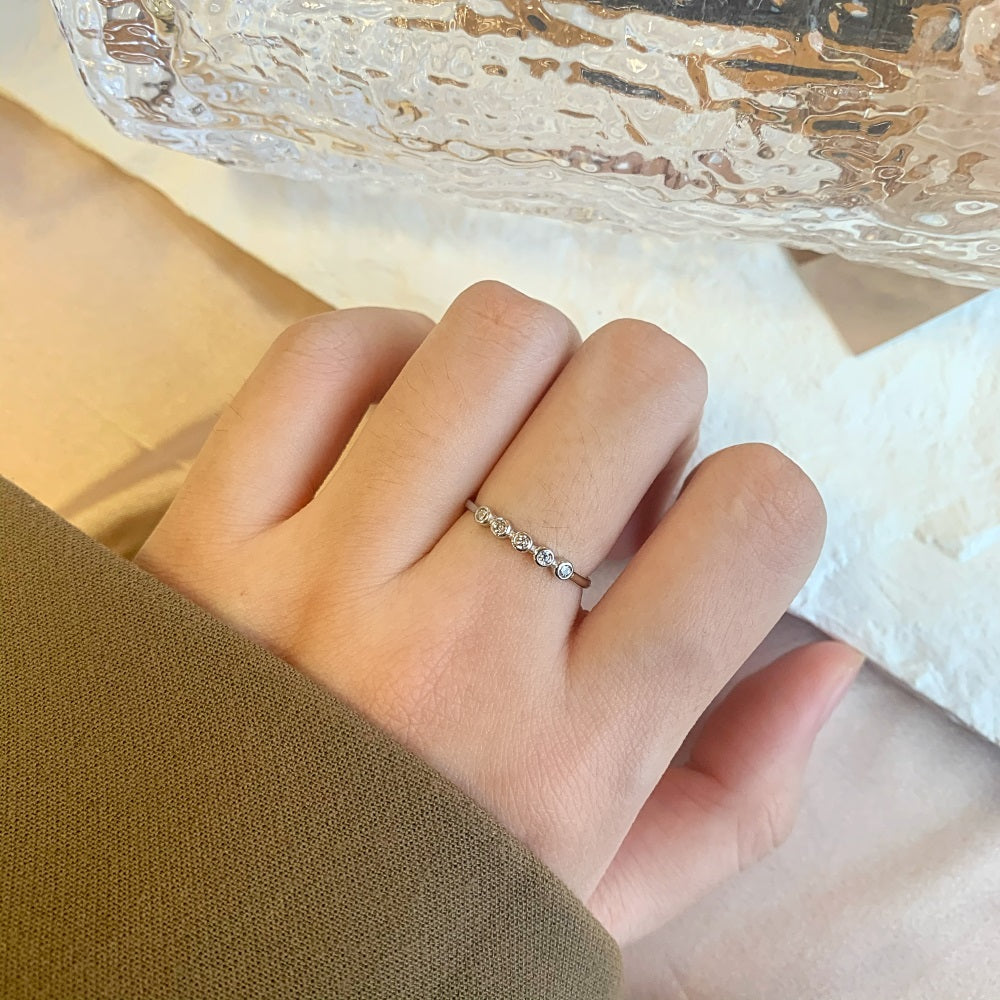 Silver Zircon Round Cut Brushed Inlaid Dots Dainty Ring