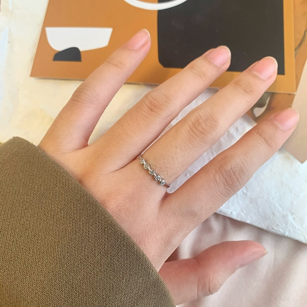 Silver Zircon Round Cut Brushed Inlaid Dots Dainty Ring