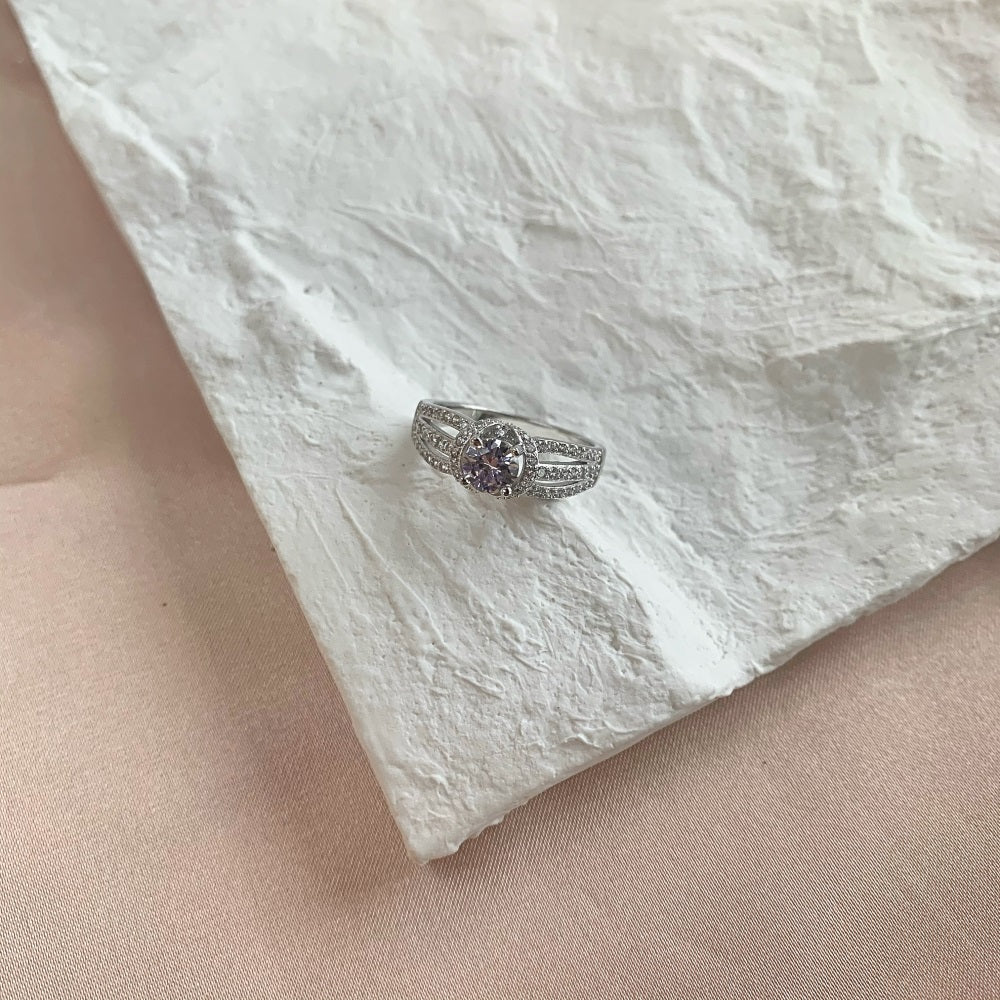 Silver Zircon Round Cut Inlaid Multi Layer Halo Ring