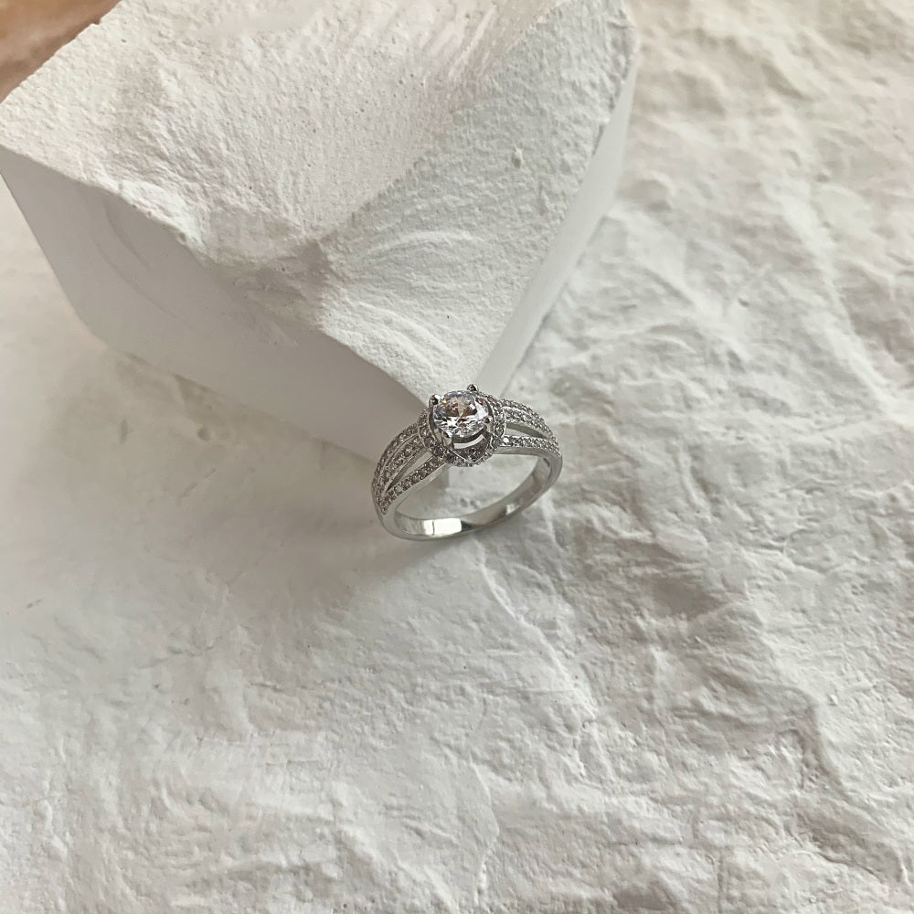 Silver Zircon Round Cut Inlaid Multi Layer Halo Ring