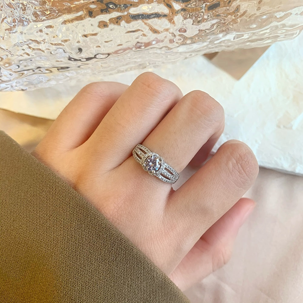 Silver Zircon Round Cut Inlaid Multi Layer Halo Ring