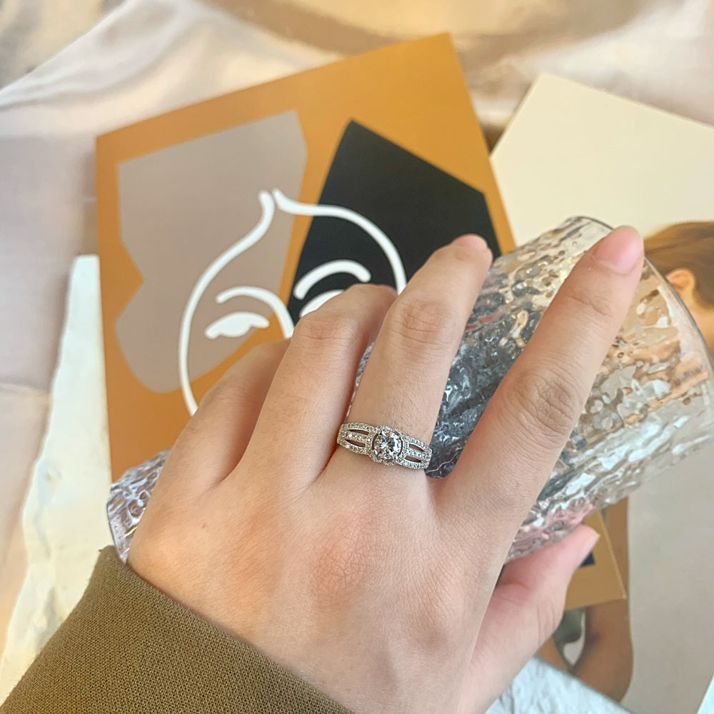 Silver Zircon Round Cut Inlaid Multi Layer Halo Ring