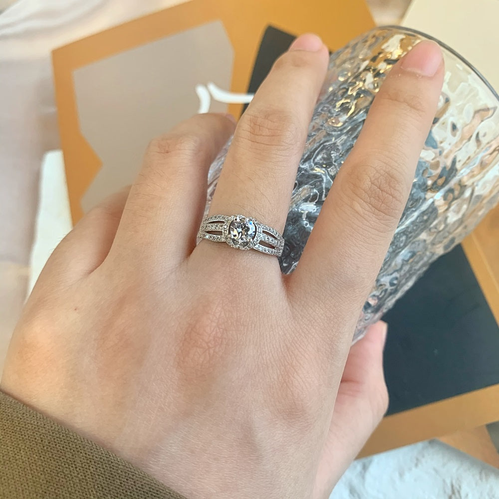 Silver Zircon Round Cut Inlaid Multi Layer Halo Ring