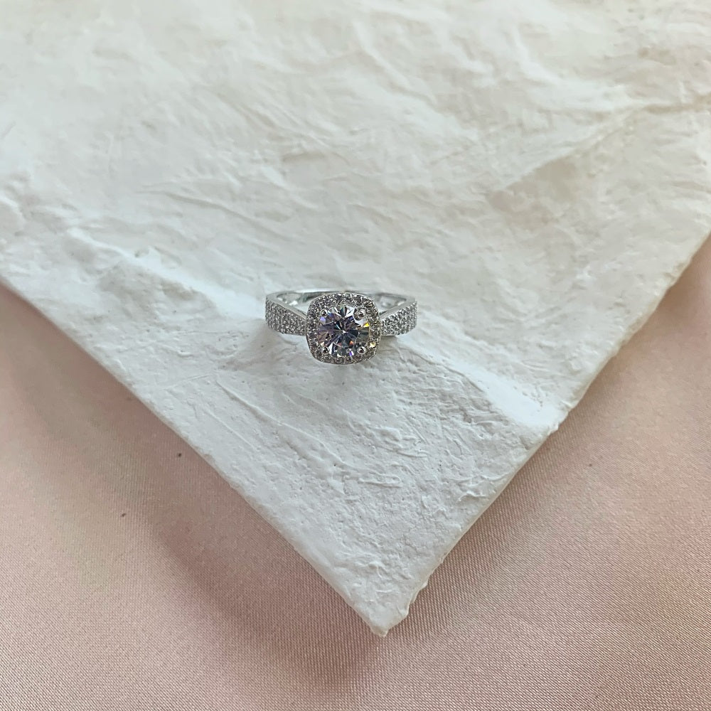 Silver Zircon Cushion Square Cut Iced Twisted Curved Halo Ring