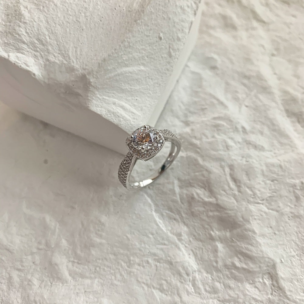 Silver Zircon Cushion Square Cut Iced Twisted Curved Halo Ring