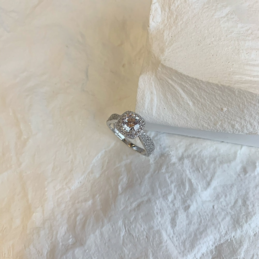 Silver Zircon Cushion Square Cut Iced Twisted Curved Halo Ring