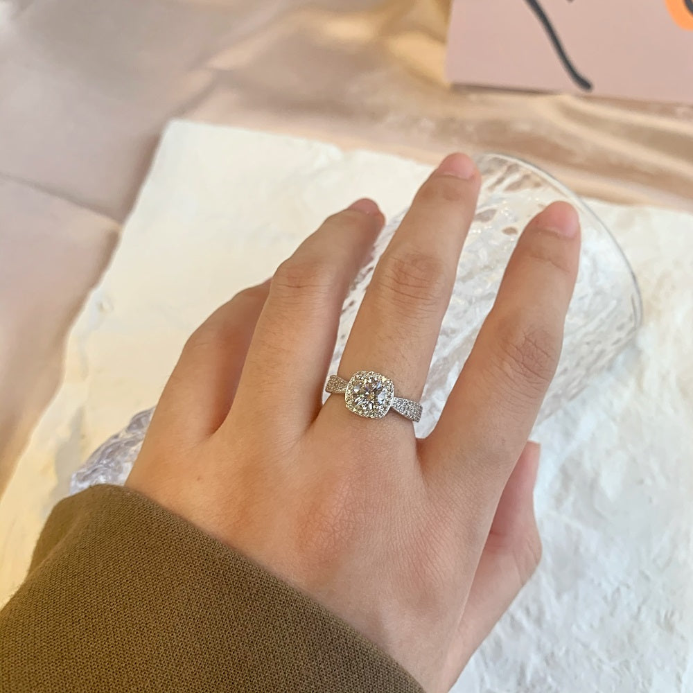 Silver Zircon Cushion Square Cut Iced Twisted Curved Halo Ring