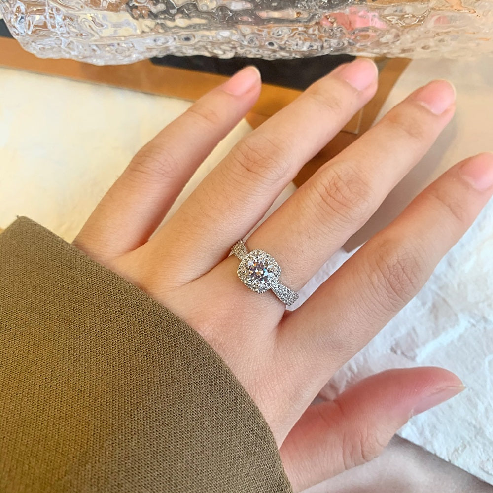 Silver Zircon Cushion Square Cut Iced Twisted Curved Halo Ring