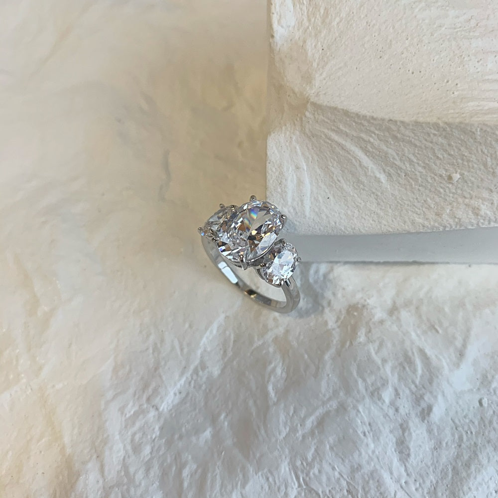 Silver Zircon Oval Cut Inlaid Trilogy Three Stone Ring
