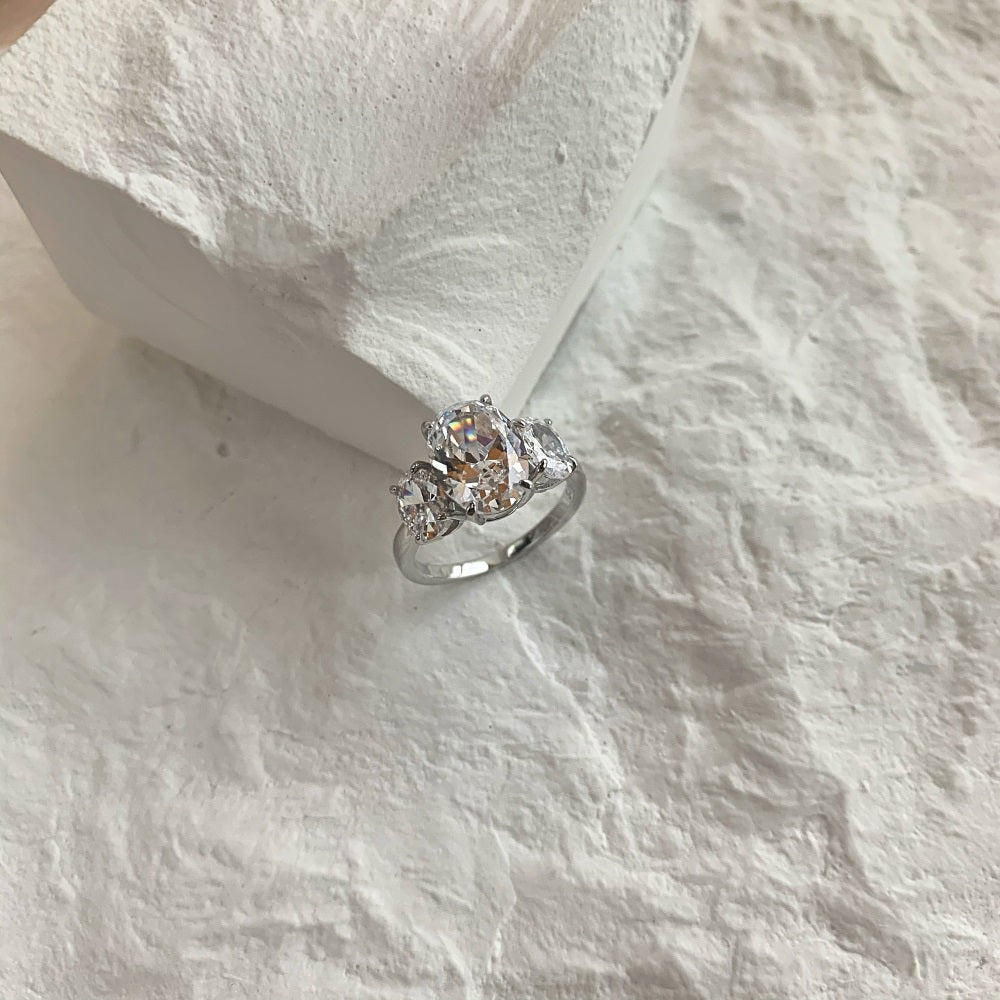 Silver Zircon Oval Cut Inlaid Trilogy Three Stone Ring
