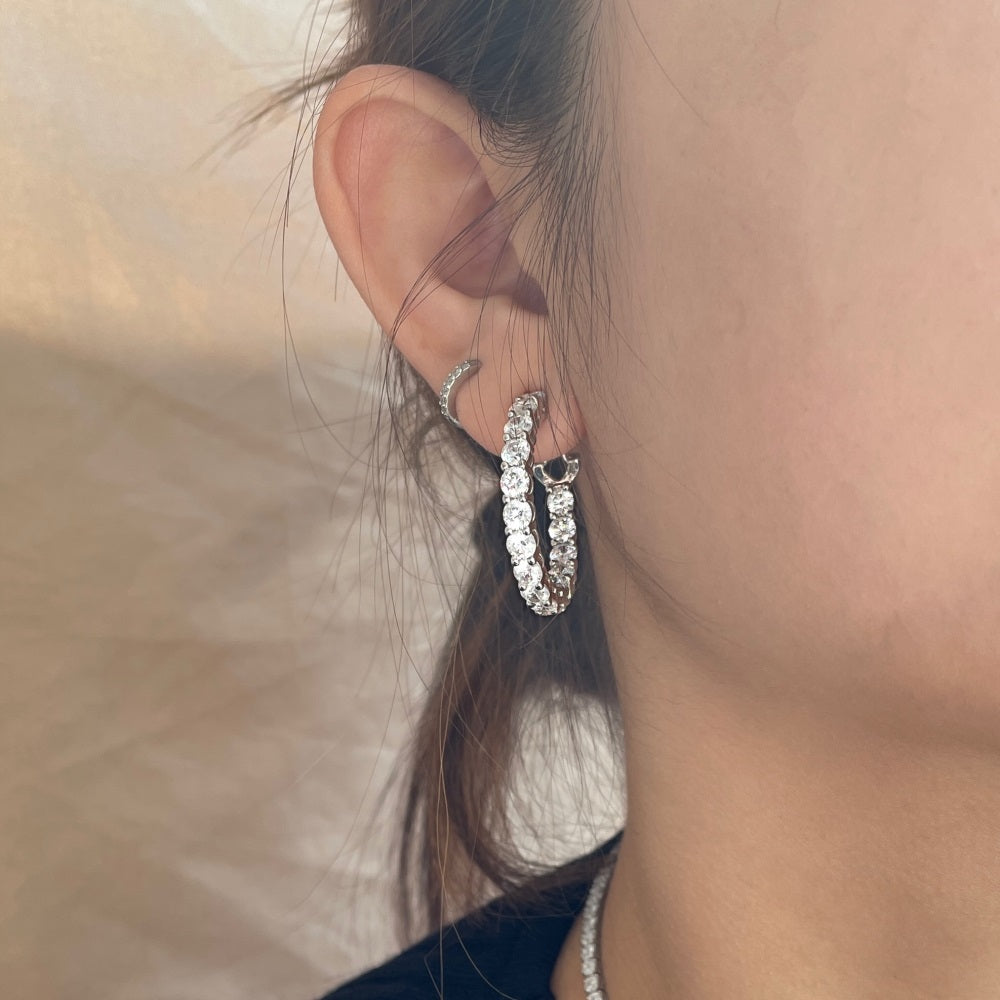Silver Zircon Round Cut Circle Inlaid Ear Hoops