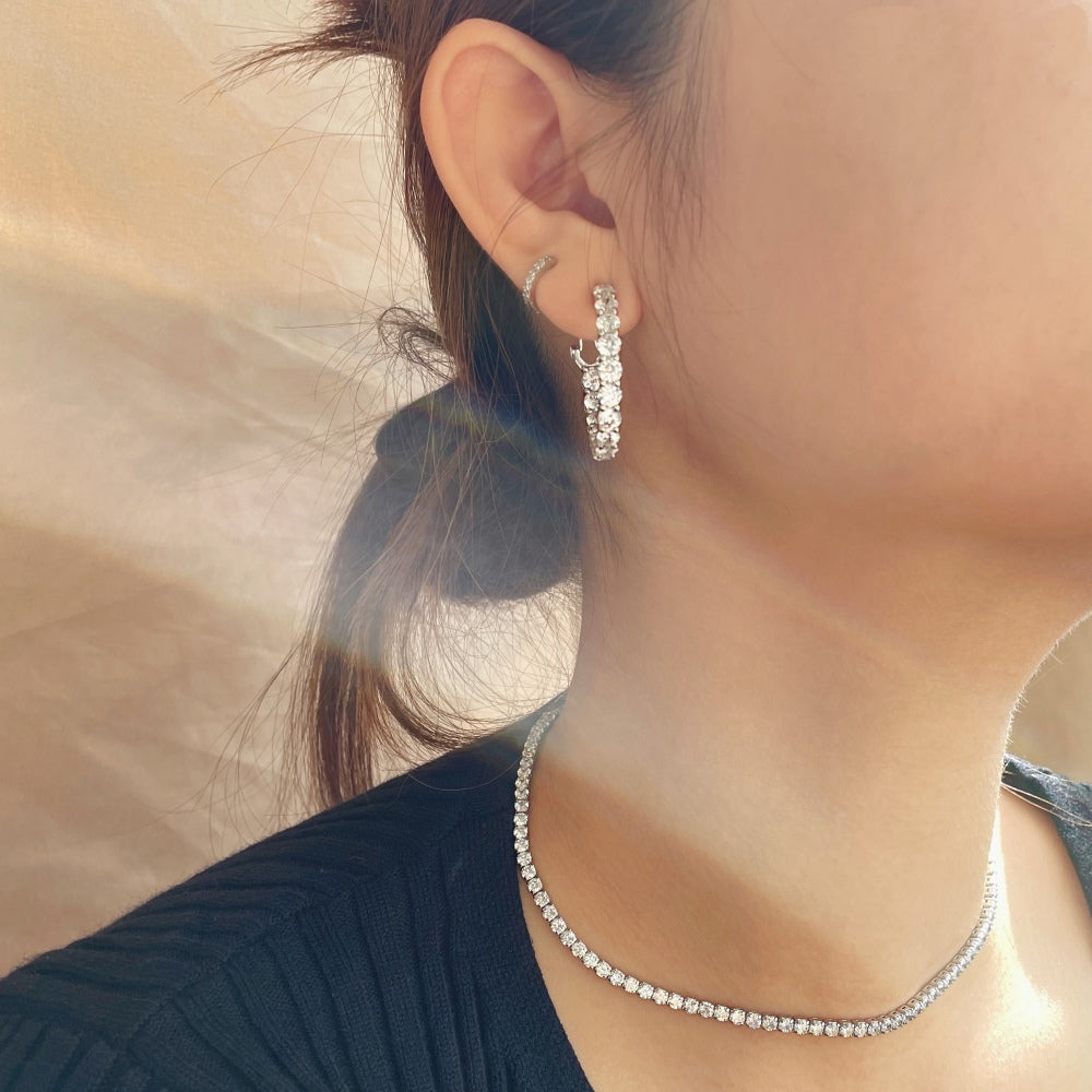 Silver Zircon Round Cut Circle Inlaid Ear Hoops